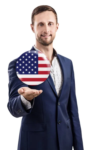 Empresario compartiendo burbuja con bandera de USA . — Foto de Stock