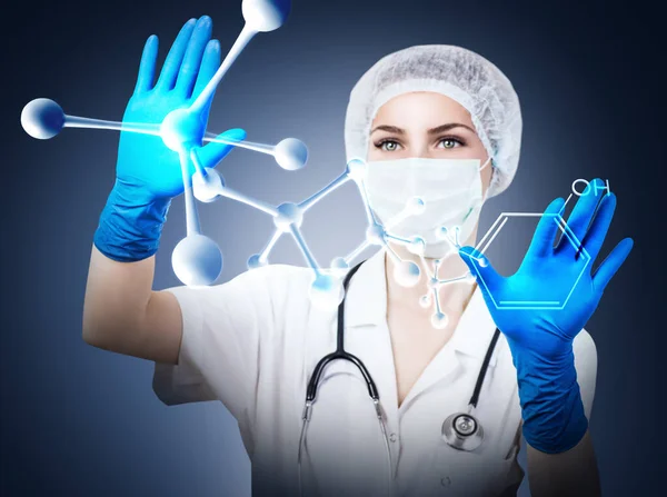 Doctor woman controls molecules in virtual space. — Stock Photo, Image