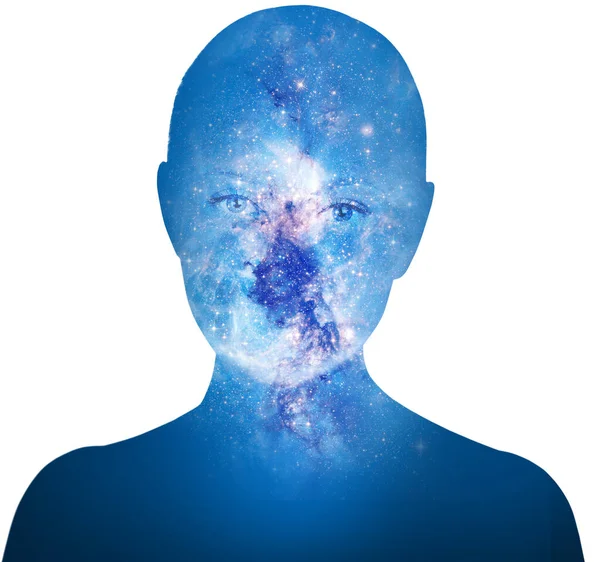 Double exposure of silhouette woman and cosmic galaxy. — Stock Photo, Image