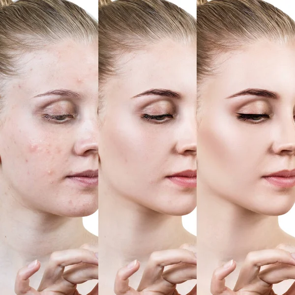 Mujer aplicando maquillaje por pasos . — Foto de Stock