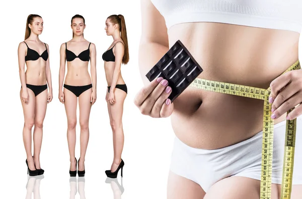 Mulher com chocolate antes e depois da perda de peso . — Fotografia de Stock