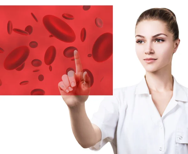 Woman doctor looking on virtual screen with blood cells. 3d rendering. — Stock Photo, Image