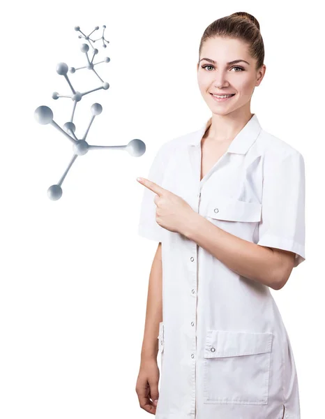 Doktor kadın molekül zincirini işaret ediyor. 3d oluşturma. — Stok fotoğraf