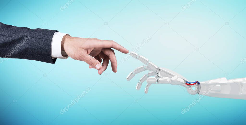 Human hand touching a robots hand. 3d rendering.