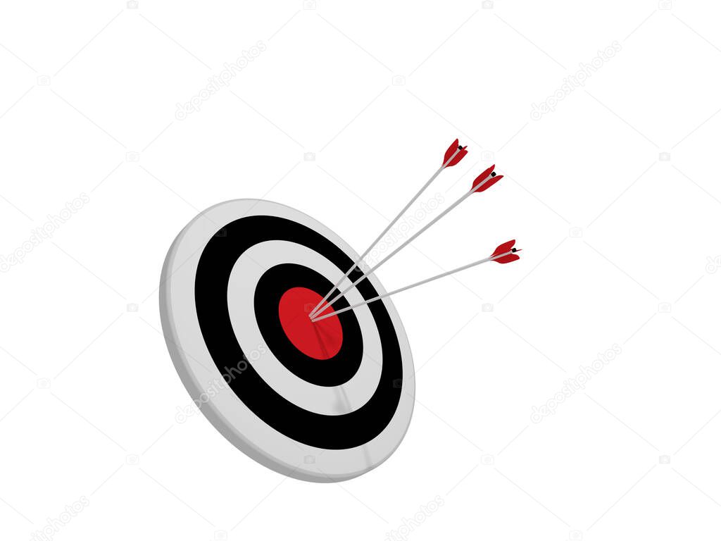 Archery target with arrows in the center bullseye. 3d rendering.