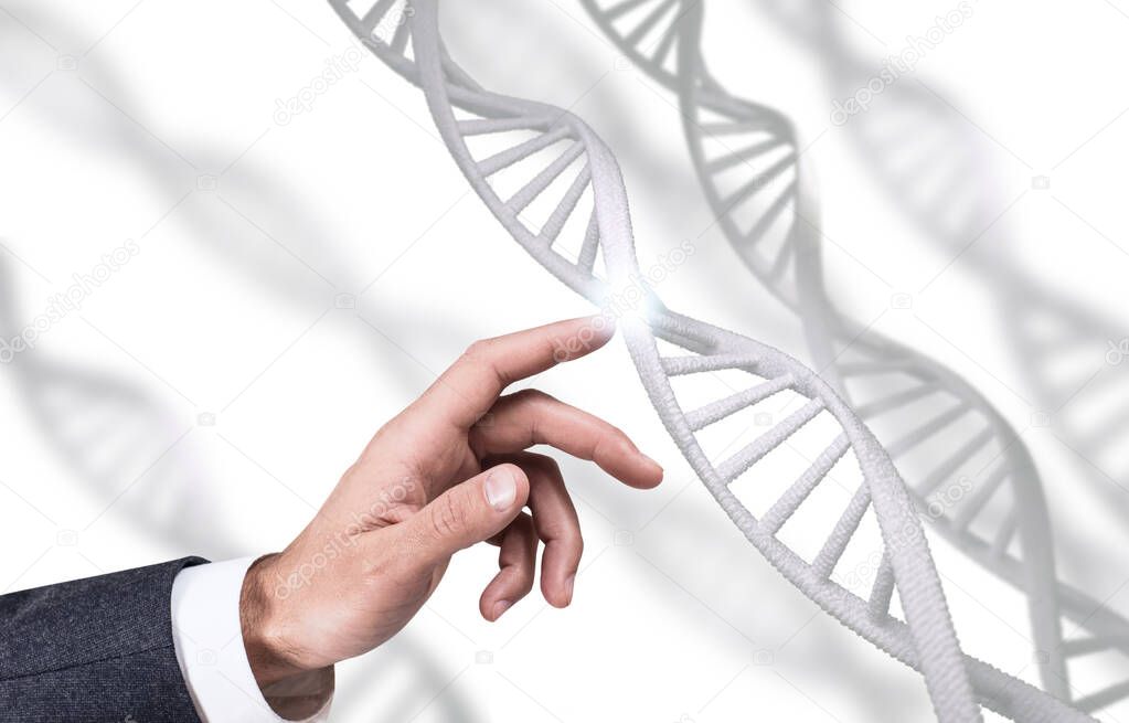 Humans hand touches DNA chain. 3d rendering