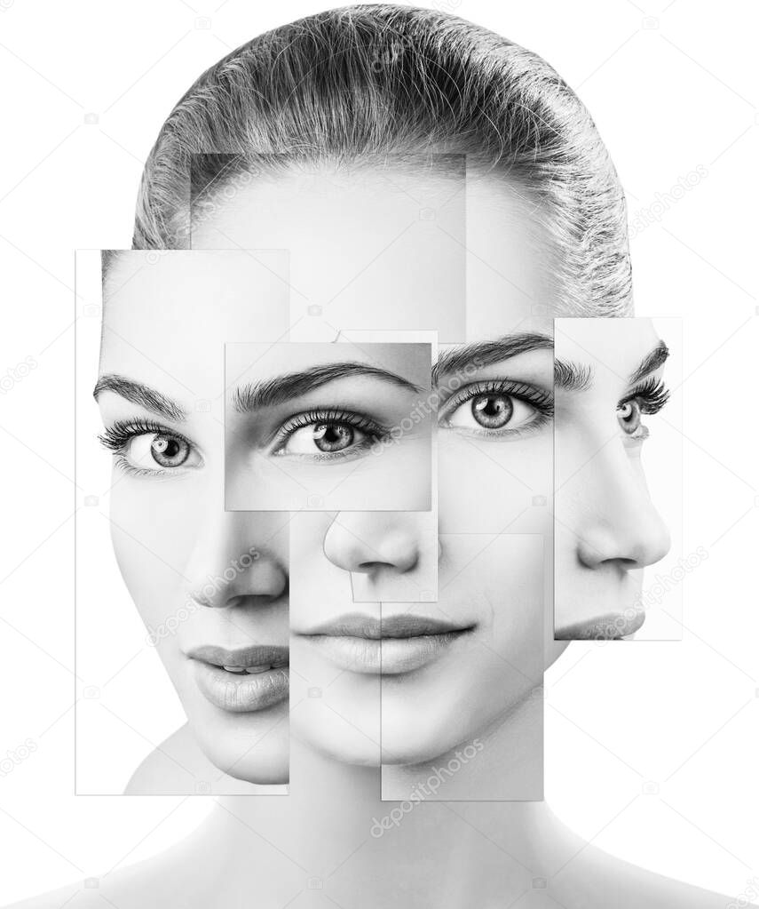 face of beautiful woman. picture of different parts. plastic surgery