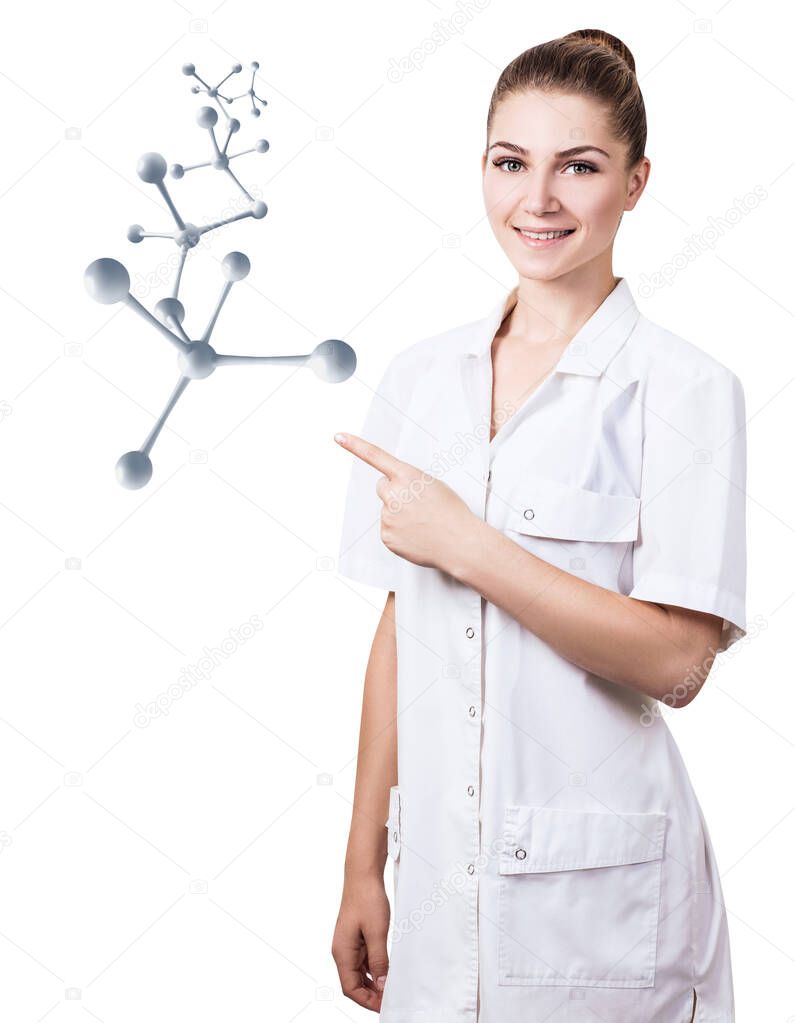 Doctor woman point on molecule chain. 3d rendering.