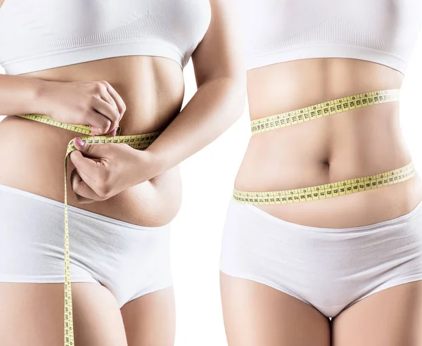 Womans body before and after weight loss. — Stock Photo, Image