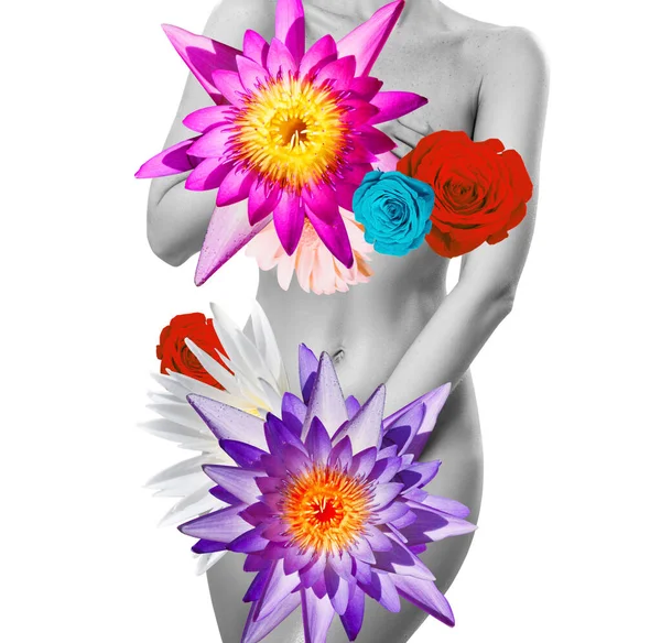 Perfect naakt vrouwelijk lichaam bedekt met boeket bloemen. — Stockfoto