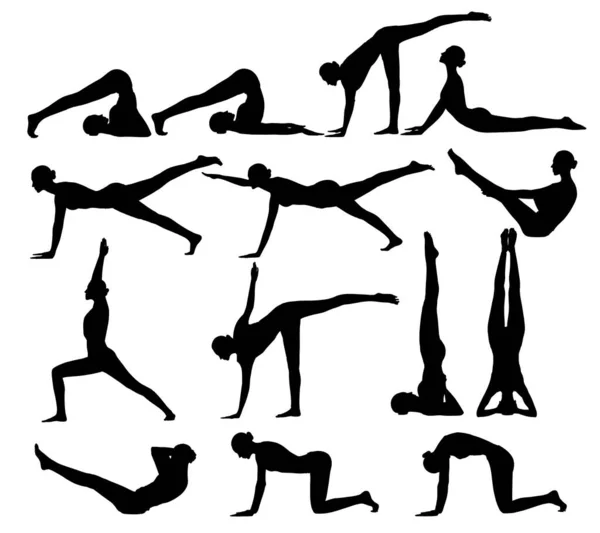 Zestaw czarnych sylwetek elastycznej kobiety uprawiającej jogę. — Zdjęcie stockowe