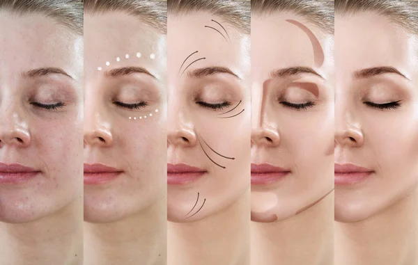 Woman applying makeup step by step.