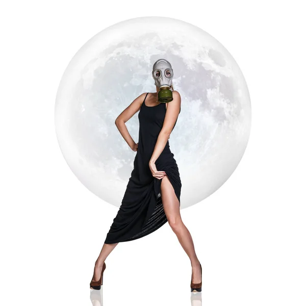 Stylish young woman in gas mask over full moon background. — Stock Photo, Image