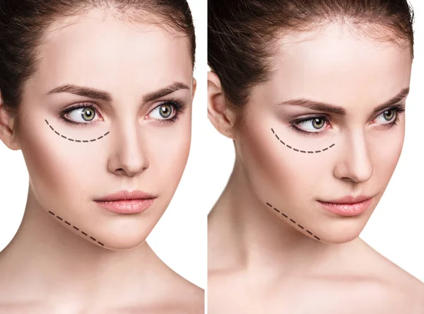 Collage de cara femenina con líneas punteadas en su cara . —  Fotos de Stock