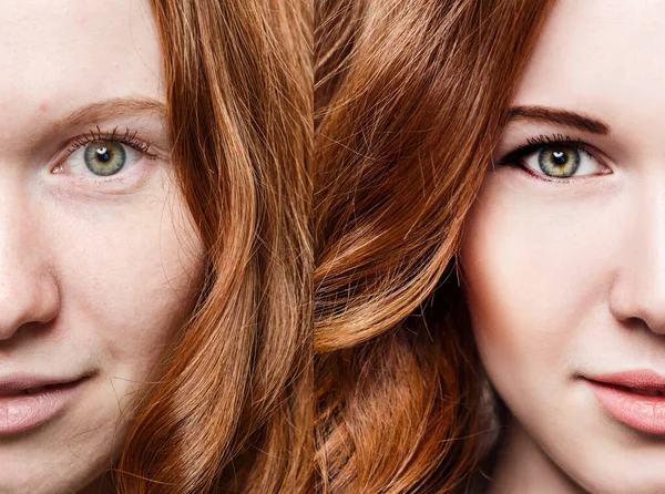 Kızıl saçlı kadın makyajdan önce ve sonra.. — Stok fotoğraf