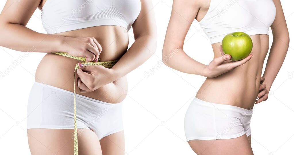 Womans body before and after weight loss.