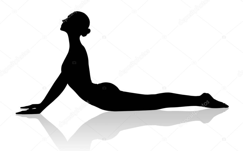 Black silhouette of flexible woman doing yoga.