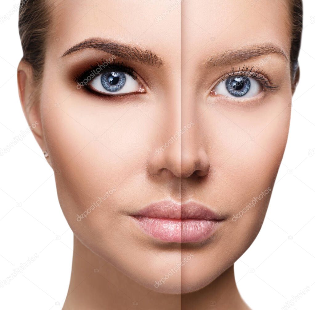 Womans face close-up before and after bright makeup.