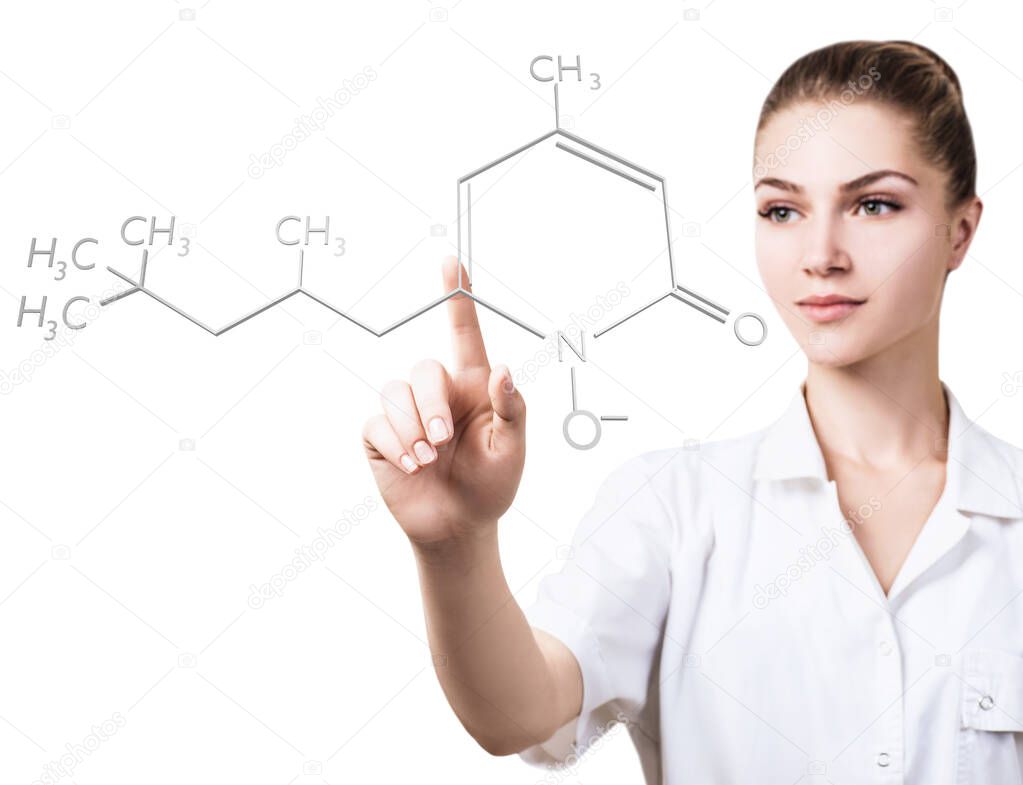 Young female doctor pointing on chemical formula.