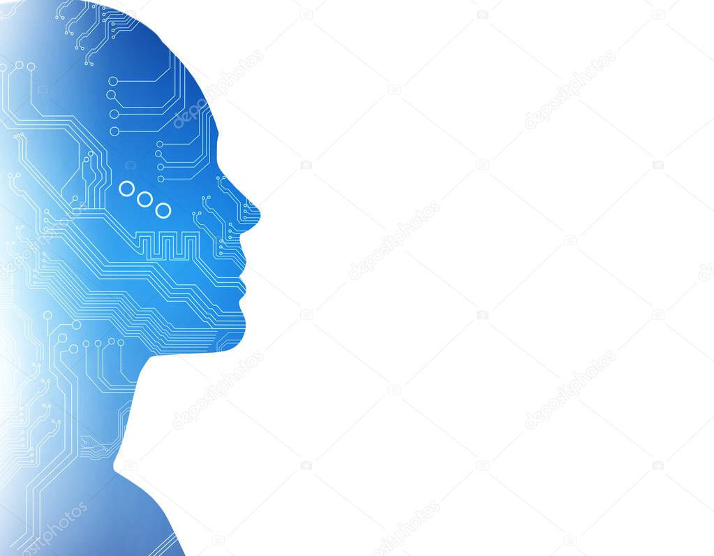 Silhouette of woman with motherboard texture.