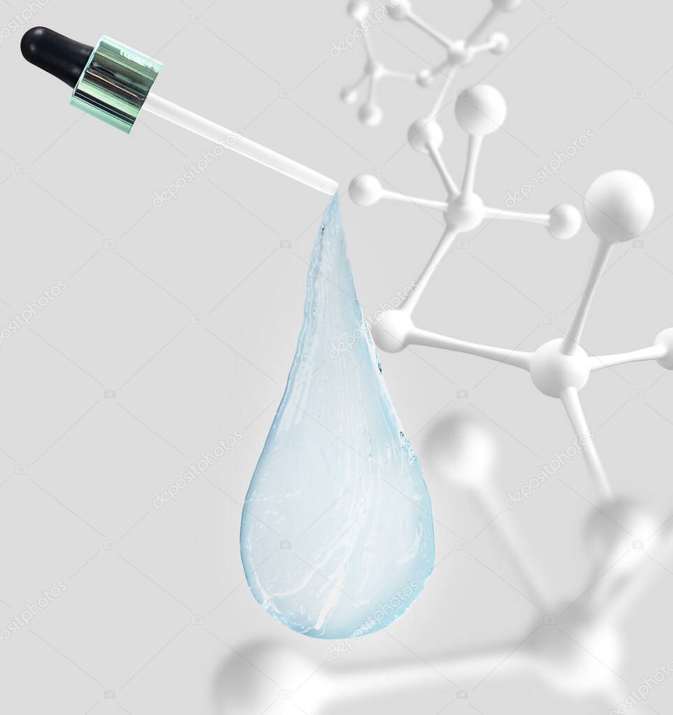 Blue water drop with molecules inside. 3d rendering.