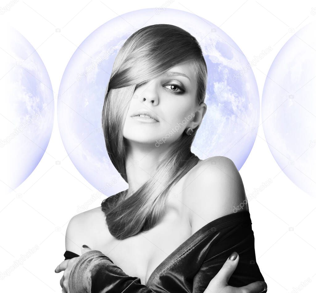 Stylish young woman over full moon background.