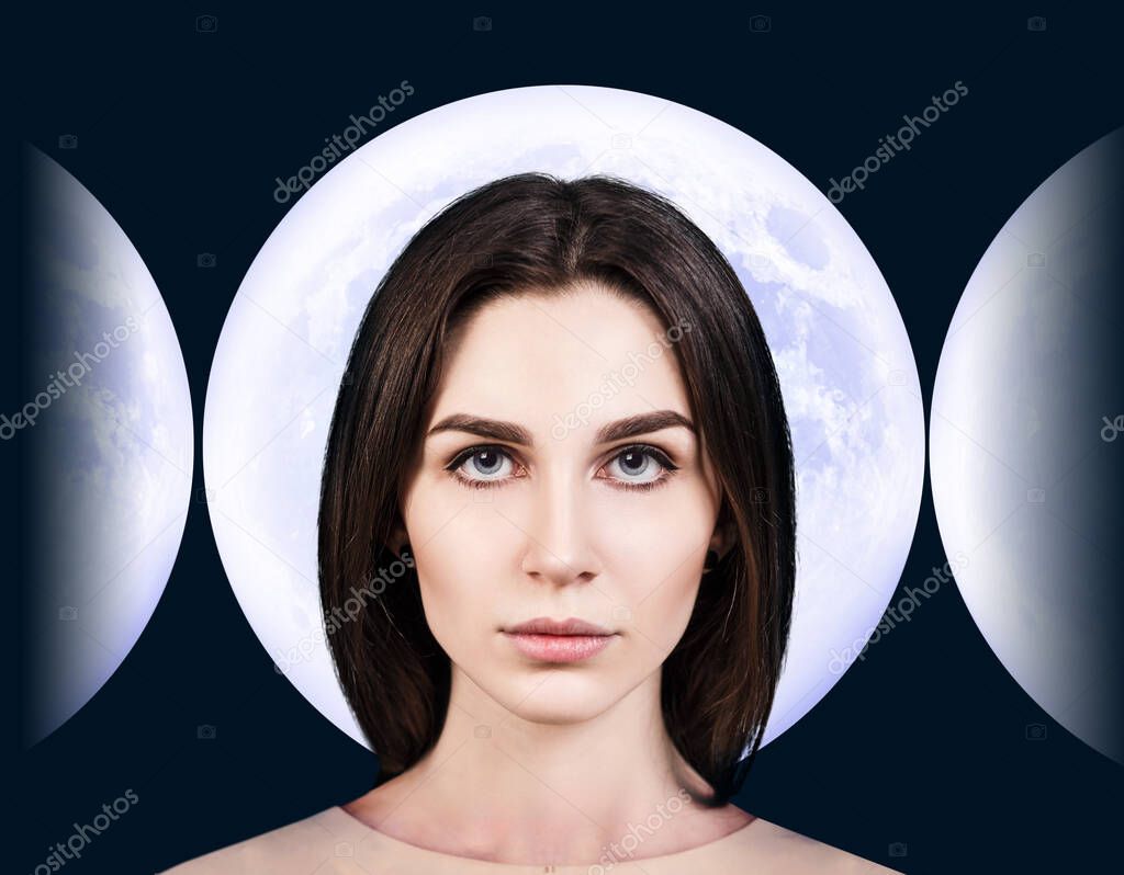 Stylish young woman over full moon background.