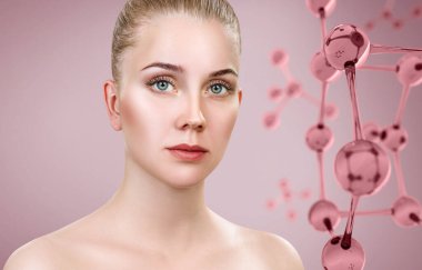 Pembe Cam molekülleri yakın güzel genç kadın.