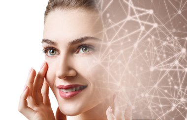 Genç bir kadın ve parıldayan noktalar ve çizgiler iki kez gösteriliyor..