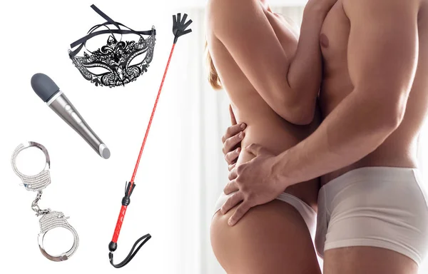 Collage de objetos para bdsm juegos sexuales y pareja sexual n cama . —  Fotos de Stock