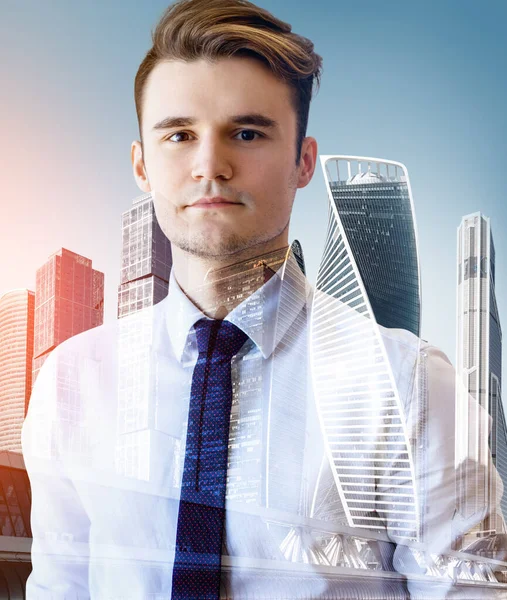 Double exposure of businessman and cityscape background. — Stock Photo, Image