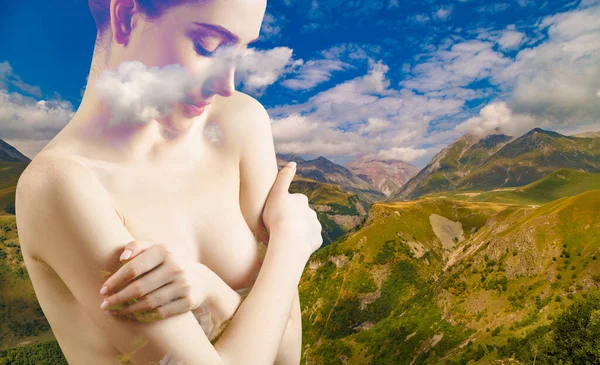 Dubbel exponering av naken kvinna och vacker natur. — Stockfoto