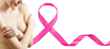 Young woman covers her breast near big pink ribbon. clipart