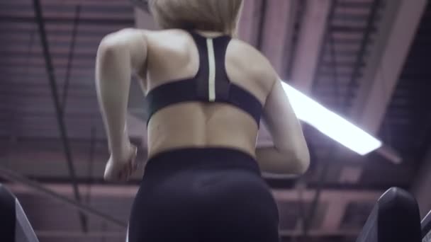 Junge sportliche Frau läuft im Fitnessstudio auf dem Laufband. — Stockvideo