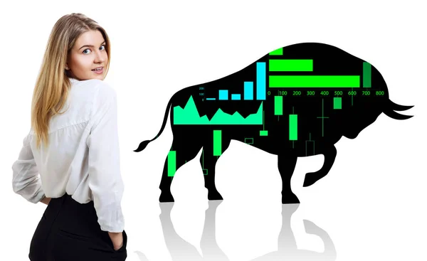 Business woman near big black silhouette bull financial icon. — Stock Photo, Image