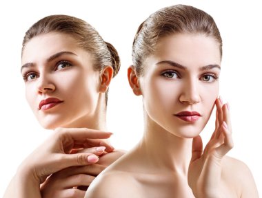 Temiz ve sağlıklı ciltli güzel bir genç kadın kolajı..