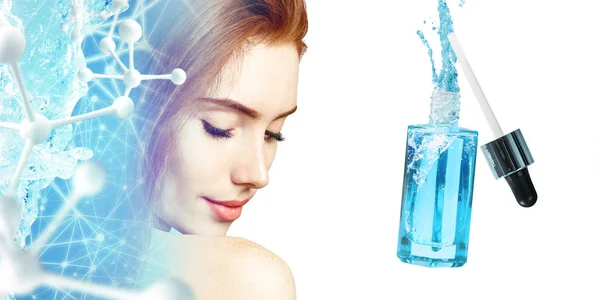 Young woman near blue cosmetic bottle under blue water splash. — Stock Photo, Image