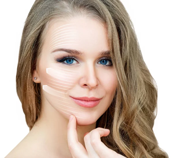 Graphic lines shows facial lifting effect on skin of beautiful woman. — Stock Photo, Image