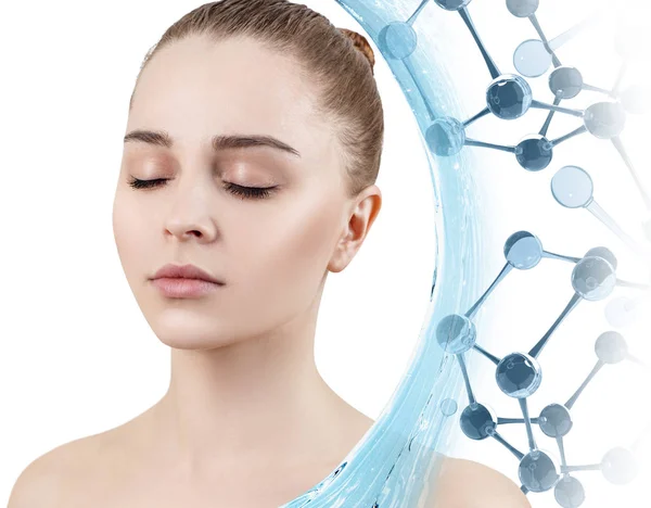 Beautiful young woman among blue glass molecules. — Stock Photo, Image