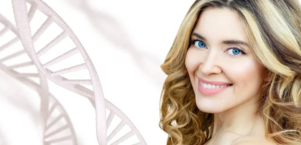 Portrait of sensual woman among white DNA chains. — Stock Photo, Image