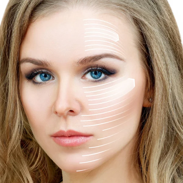 Linhas gráficas mostram o efeito lifting facial na pele da mulher bonita. — Fotografia de Stock