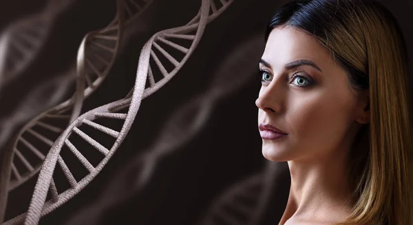 Porträtt av sensuell kvinna bland DNA-kedjor. — Stockfoto