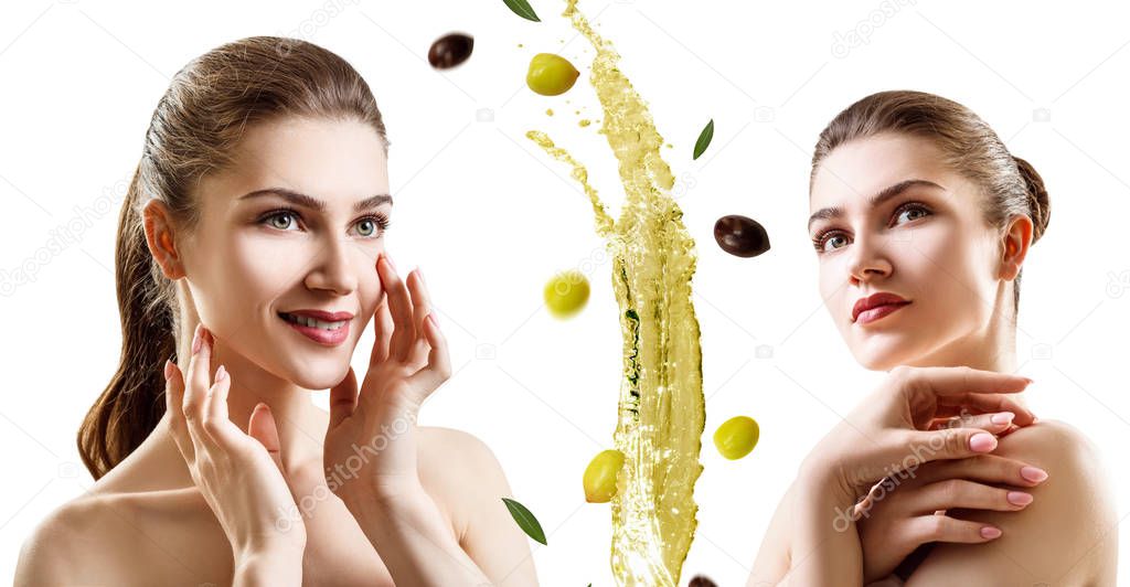 Young woman near splash of olive oil. Skincare concept.