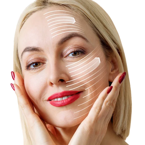 Las líneas gráficas muestran el efecto de elevación facial en la piel de la mujer hermosa. —  Fotos de Stock