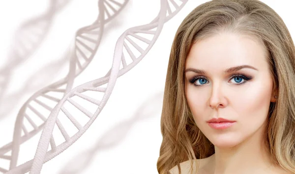 Porträt einer sinnlichen Frau zwischen weißen DNA-Ketten. — Stockfoto