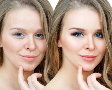 Makyajlı ya da makyajsız yetişkin bir kadının portresi.