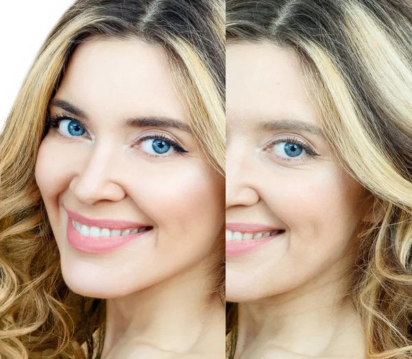 Portrait comparatif de femme adulte avec et sans maquillage. — Photo