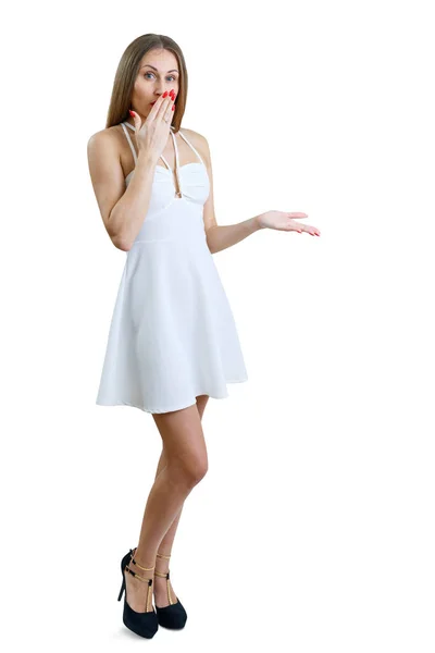 Full length portrait of young stylish woman looking surprised. — Stock Photo, Image