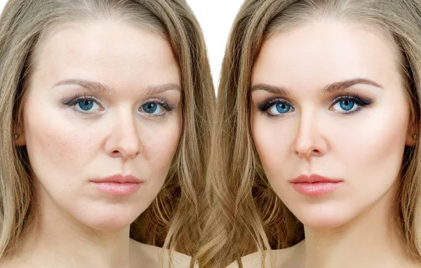 Retrato comparativo de mujer adulta con y sin maquillaje. —  Fotos de Stock