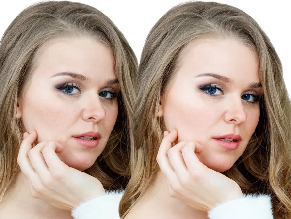 Взрослая чувственная женщина до и после ретуши кожи или лечения . — стоковое фото